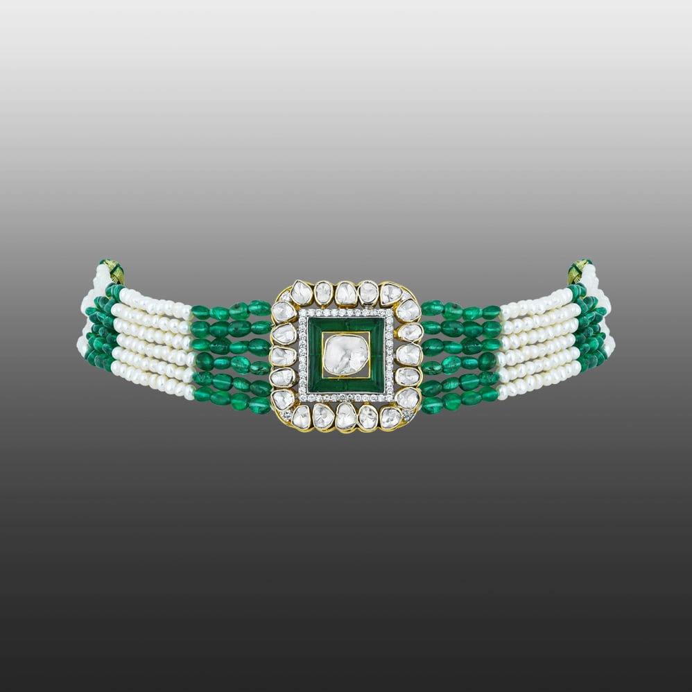 Polki Choker with Green Talaf, Emerald and Pearl Strands